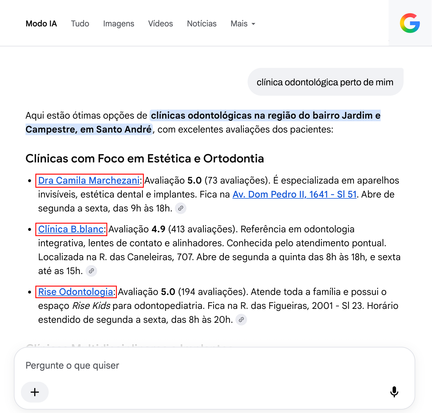 Clínicas odontológicas listadas nas buscas com IA
