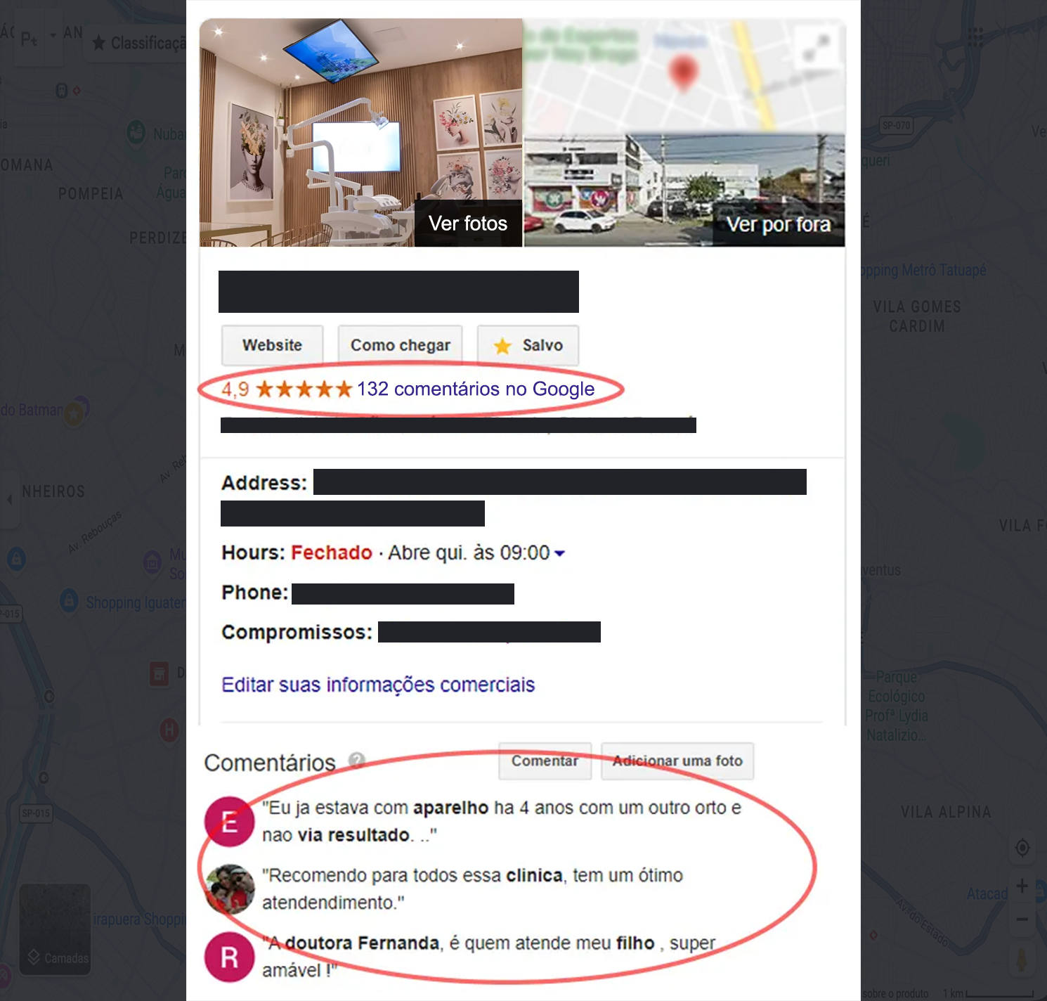 Perfil no Google com 4,9 estrelas e 132 avaliações