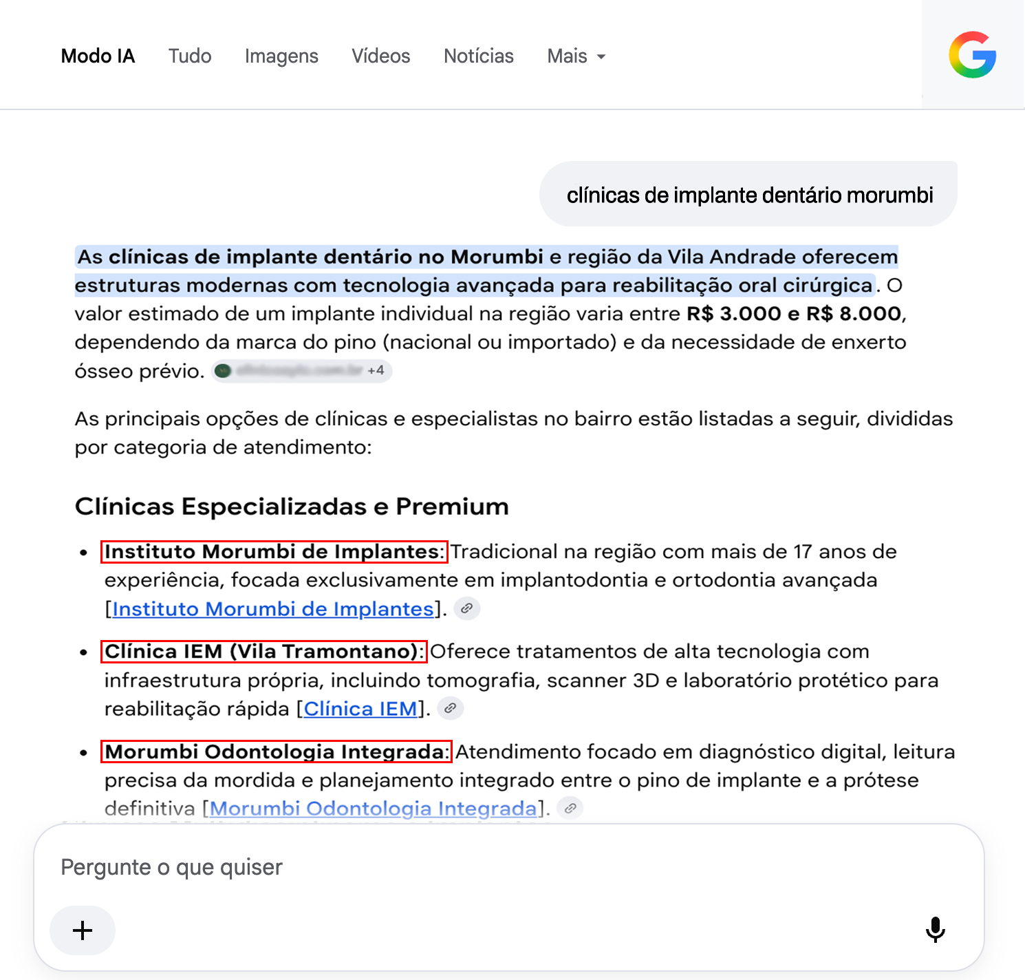 Clínicas de implante recomendadas no Modo IA do Google